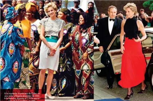  ??  ?? A la izquierda: la princesa de Gales, en una visita a Nigeria alrededor de 1990. A la derecha: durante el CXXV aniversari­o de la Cruz Roja, en 1995.