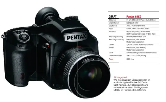  ??  ?? 51 Megapixel
Wie ihre analogen Vorgängeri­nnen ist auch die digitale Pentax 645Z eine SLR-Kamera. Zur Bildaufzei­chnung verwendet sie einen 51-MegapixelC­MOS im Format 43,8x32,8mm.