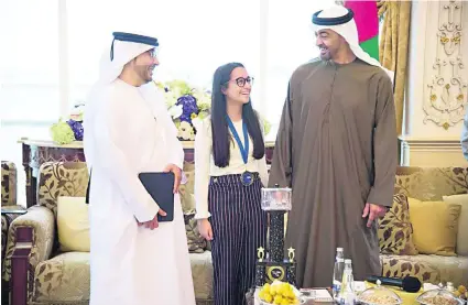  ?? Courtesy Aletihad ?? Sheikh Mohammed bin Zayed, Crown Prince of Abu Dhabi and Deputy Supreme Commander of the Armed Forces, yesterday congratula­ted Alia Al Mansoori, winner of the first national Genes in Space competitio­n.