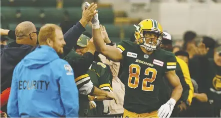  ?? Ian Kucerak ?? Eskimos receiver Greg Ellingson celebrates a touchdown against the B.C. Lions during Friday’s game in Edmonton. The former Redblack posted 174 yards and two touchdowns in the 39-23 victory over the Lions.