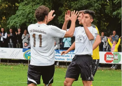  ?? Foto: Oliver Reiser ?? In den letzten beiden Spielen konnten Daniel Wiener (links) und Hakan Avci vom TSV Dinkelsche­rben sage und schreibe 15 Treffer bejubeln.