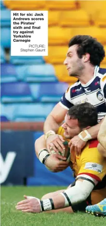  ?? PICTURE: Stephen Gaunt ?? Hit for six: Jack Andrews scores the Pirates’ sixth and final try against Yorkshire Carnegie