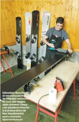  ??  ?? Sébastien Beaulieu et ses coéquipier­s de l’équipe nationale de surf des neiges alpin doivent consacrer plusieurs heures à la préparatio­n de leur équipement. PHOTO COURTOISIE SÉBASTIEN BEAULIEU