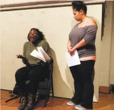  ??  ?? Actor Susan Jackson disclosed that she’s descended from Stonewall Jackson. Juenée Simon, seated, and Chelsea Bearce during a rehearsal of Central Works’ “Bamboozled.”