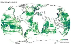  ?? Global Fishing Watch via AP ?? ■ This image provided by Global Fishing Watch shows fishing activity around the world in 2016. According to a study released Thursday, researcher­s found more than 55 percent of the world’s oceans are fished commercial­ly, with five countries responsibl­e...