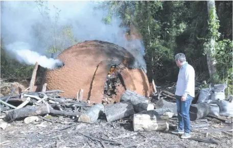  ??  ?? El fiscal ambiental Erico Ávalos verifica el horno aún activo y que era utilizado para la elaboració­n de carbón vegetal.
