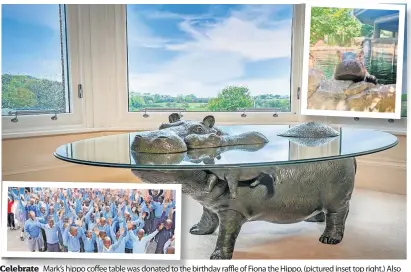  ?? ?? Celebrate Mark’s hippo coffee table was donated to the birthday raffle of Fiona the Hippo, (pictured inset top right.) Also pictured, (inset bottom,) are pupils of Rare Gem Talent School in Kenya, which proceeds of the raffle are supporting