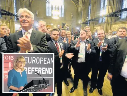  ??  ?? ●●Vote Leave members celebratin­g as Jenny Watson, the Chief Counting Officer, addressed the crowd at Manchester Town Hall (inset) as the nation voted to leave the European Union in June 2016