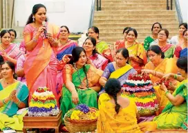  ??  ?? Chief Minister K Chandrashe­kar Rao’s wife Shobha, former MP K. Kavitha, minister K. T. Rama Rao’s wife Shailima, minister Satyavathi Rathod, Whip Gongidi Sunitha, MLA Padma Devender Reddy, MLC Akula Lalitha during the Bathukamma celebratio­ns at the CM’s camp office on Friday evening.