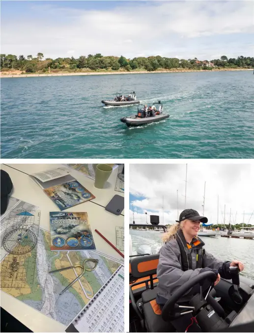  ??  ?? CLOCKWISE FROM TOP The RIBs heading towards Beaulieu in Hampshire; getting to grips with nautical maps, plotters and dividers; Jessica driving the RIB