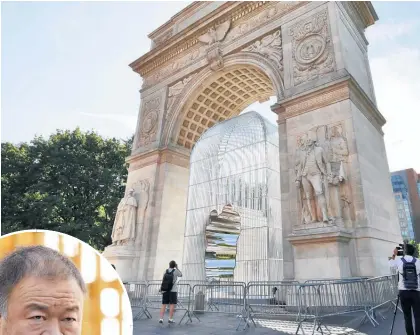  ??  ?? Ai Weiwei (inset) created a large cage-like structure in Greenwich Village’s Washington Square Arch, above, through which a passageway cuts.