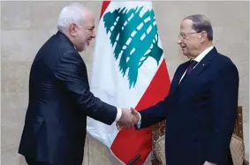  ??  ?? Dalati Nohra/the Daily Star Lebanese President Michel Aoun (R) meets with Iranian Foreign Minister Mohammad Javad Zarif, in Beirut, Lebanon, on Feb. 11, 2019.