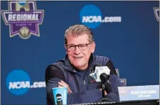  ?? FRANK FRANKLIN II/AP PHOTO ?? UConn coach Geno Auriemma is all smiles while answering a question during a press conference on Friday in Albany, N.Y.