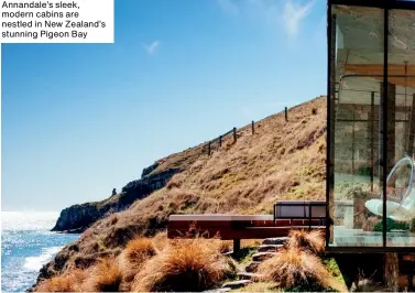  ??  ?? Annandale’s sleek, modern cabins are nestled in New Zealand’s stunning Pigeon Bay