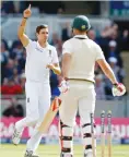  ?? (Reuters) ?? ENGLAND PACEMAN Steven Finn (left) celebrates after dismissing Australia’s Mitchell Johnson to put his side on the brink of a third Test victory yesterday at Edgbaston.