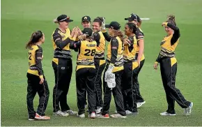  ?? GETTY IMAGES ?? Wellington Blaze players celebrate the fall of another Central Hinds wicket at McLean Park in Napier yesterday.