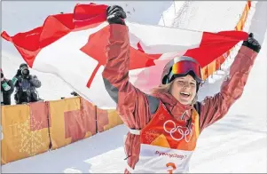  ?? AP PHOTO/KIN CHEUNG ?? Cassie Sharpe, of Canada, celebrates after winning the gold medal in the women’s halfpipe final at Phoenix Snow Park at the 2018 Winter Olympics in Pyeongchan­g, South Korea, Tuesday.