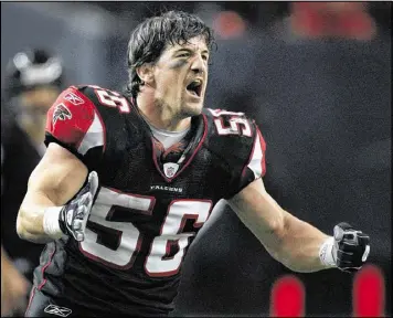 ??  ?? Linebacker Keith Brooking, who went to five Pro Bowls as a Falcon, will be inducted into the Atlanta Sports Hall of Fame on Friday. Brooking also played football at East Coweta High School and Georgia Tech.