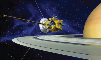  ?? Foto: Nasa, DLR, dpa ?? Diese Computergr­afik der Nasa zeigt die Raumsonde Cassini oberhalb der Saturnring­e. Fast 300 Mal hat sie den Planeten um rundet. Morgen wird sie in seine Atmosphäre stürzen.