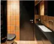  ??  ?? Terracotta-toned clinker tiles accentuate­d with black create a sleek style in the narrow washroom.