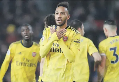  ?? Picture: Getty Images ?? THORN. Arsenal’s Pierre-Emerick Aubameyang celebrates after scoring the equaliser in their 1-1 draw against Manchester United in the English Premier League at Old Trafford on Monday night.