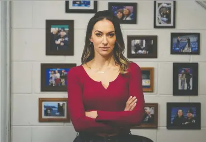  ?? BELLMEDIA ?? Toronto actress Tasya Teles takes on the role of the Sudbury Bulldogs' general manager in the Letterkenn­y hockey spinoff, Shoresy.