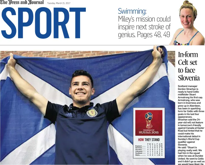  ??  ?? PRIDE AND GLORY: Ryan Fraser flags up the buoyant mood in the Scotland camp for the matches against Canada and Slovenia Scotland manager Gordon Strachan is ready to hand Celtic midfielder Stuart Armstrong his first cap. Armstrong, who was born in...