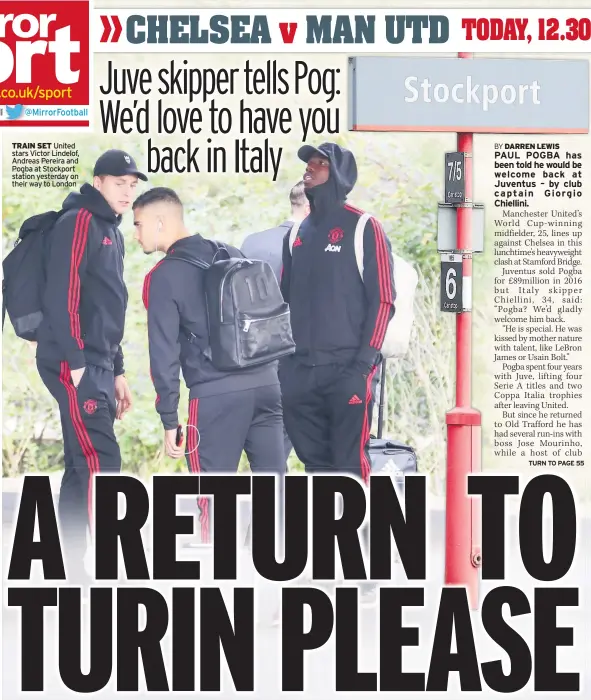  ??  ?? TRAIN SET United stars Victor Lindelof, Andreas Pereira and Pogba at Stockport station yesterday on their way to London