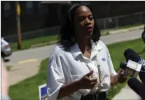  ?? JEFF SWENSEN - GETTY IMAGES ?? Summer Lee, as a Democratic Congressio­nal candidate, talks to the media outside her polling station on May 17, 2022, in Pittsburgh.