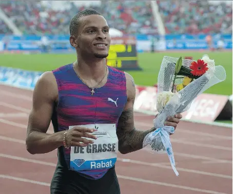  ?? AFP/GETTY IMAGES ?? Canada’s Andre De Grasse won the 200-metre race at the IAAF Diamond League Mohammed VI Athletics meet in Rabat, Morocco on July 16 and was looking in top shape heading into the IAAF World Championsh­ips in London, only to suffer a hamstring injury in...