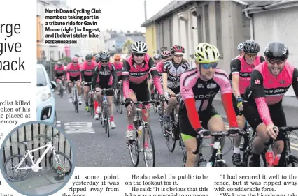  ?? PETER MORRISON ?? North Down Cycling Club members taking part in a tribute ride for Gavin Moore (right) in August, and (below) stolen bike