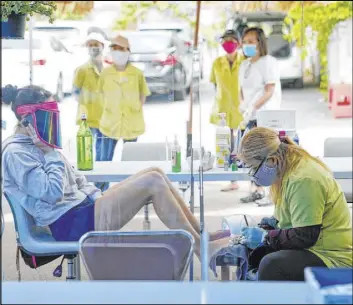  ?? Ashley Landis The Associated Press ?? Tyson Salomon, left, gets a pedicure outside Pampered Hands nail salon in Los Angeles. Gov. Gavin Newsom announced a new, color-coded process Friday for reopening California businesses amid the coronoviru­s pandemic.