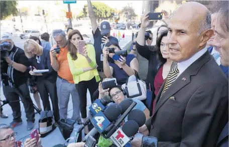  ?? Al Seib Los Angeles Times ?? FORMER SHERIFF Lee Baca addresses the media after his conviction March 15. Prosecutor­s’ strategy in Baca’s retrial precluded witnesses who could have attested to his good deeds. Such testimony aided Baca in the first trial, which ended with a...