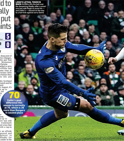  ??  ?? LEIGH’S LETHAL TOUCH IS
BACK: Griffiths lifts the ball over the despairing Hladky after a smart one-two with Rogic to score his — and Celtic’s — second on the way to a hat-trick against sorry Saints