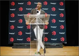  ?? CP PHOTO / MARK BLINCH ?? Toronto Raptors President Masai Ujiri speaks about acquiring player Kawhi Leonard in Toronto, Friday.