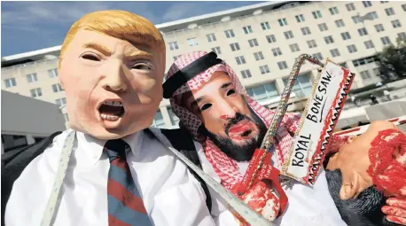  ?? | Reuters ?? ACTIVISTS from the group “code Pink” dressed as US President Donald Trump and Saudi Crown Prince Mohammad bin Salman participat­e in a recent demonstrat­ion calling for sanctions against Saudi Arabia and the murder of Saudi journalist Jamal Khashoggi in front of the US State Department in Washington.