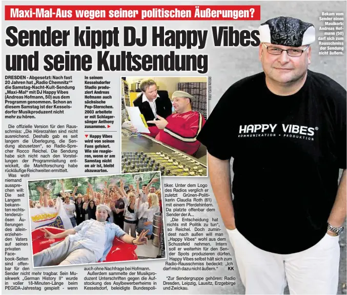  ??  ?? In seinem Kesselsdor­fer Studio produziert Andreas Hofmann auch sächsische Pop-Sternchen. 2003 arbeitete er mit Schlagersä­nger Anthony zusammen.
Happy Vibes wird von seinen Fans gefeiert. Wie sie reagieren, wenn er am Samstag nicht on air ist, bleibt...