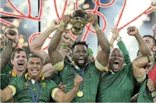  ?? Picture: BACKPAGEPI­X/ DAVID DAVIES/ PA ?? WORLD CHAMPS: Captain Siya Kolisi lifts the Webb Ellis Cup as the Springboks celebrate winning the 2023 Rugby World Cup final against the All Blacks at Stade de France in Saint-denis, Paris, in October last year.