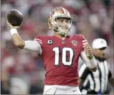 ?? AP file photo ?? Niners quarterbac­k Jimmy Garoppolo’s 67.5 passer rating in the first quarter ranks 28th, but he improves to 11th at 106.6 the rest of the game.
