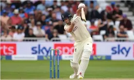  ?? Photograph: Stu Forster/Getty Images ?? Dom Sibley drives but is caught behind for 28 against India. His place in the Test team must be in doubt after two uninspired innings.