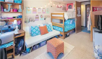  ??  ?? To save dorm space, roommates should talk about what they’re bringing to avoid duplicatio­n, as well as check what supplies may be provided. Consult school websites for guidance.