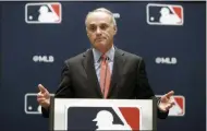  ?? LM OTERO ?? FILE - In this Nov. 21, 2019, file photo, baseball commission­er Rob Manfred speaks to the media at the owners meeting in Arlington, Texas. Major League Baseball rejected the players’ offer for a 114-game regular season in the pandemic-delayed season with no additional salary cuts and told the union it did not plan to make a counterpro­posal, a person familiar with the negotiatio­ns told The Associated Press.