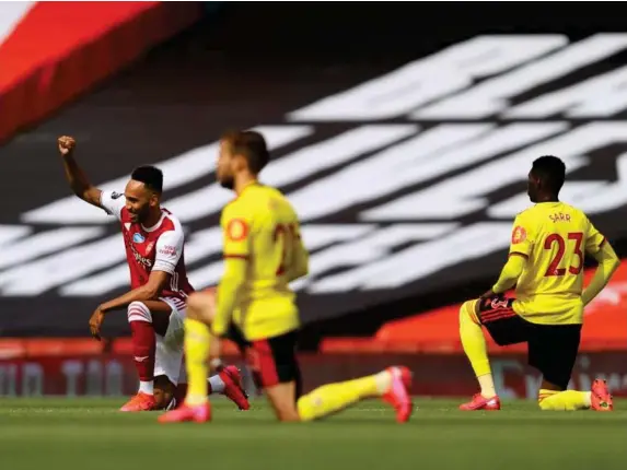  ?? (Getty) ?? Premier League players take a knee in support of the Black Lives Matter movement