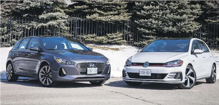  ?? NICK TRAGIANIS ?? Some Hyundai Elantra GT Sports buyers will love the features for the price; others would rather trade creature comforts for the Volkswagen Golf GTI’s extra performanc­e.