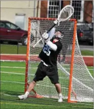  ?? RICK CAWLEY — FOR DIGITAL FIRST MEDIA ?? Hill Academy’s Isaac Gothiel makes a nice save in net.