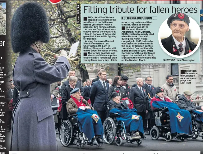  ??  ?? STRUGGLE: Paul SURVIVOR: Les Cherringto­n ■ RESPECT: Veterans at the Cenotaph as a trumpeter plays the Last Post