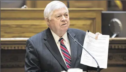  ?? DAVID BARNES / SPECIAL ?? Senate Appropriat­ions Chairman Jack Hill, R-Reidsville, presents the budget to his chamber. The record spending plan tops $49 billion when federal and other funds are included.