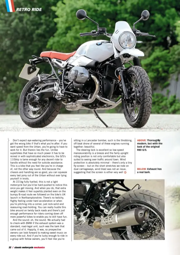  ??  ?? ABOVE: Thoroughly modern, but with the look of the original R80 G/S. BELOW: Exhaust has a real bark.