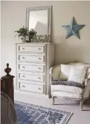  ??  ?? Chest of drawers, similar from Stenvall Interiors. Cushions (on chair), Cowparsley at Home. Chair, Stenvall Interiors. Rug, Forage Somerset. Blue star, The Range.
