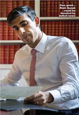  ?? Picture: SIMON WALKER/HM TREASURY ?? Owe good... Rishi Sunak could be boosted by deficit news